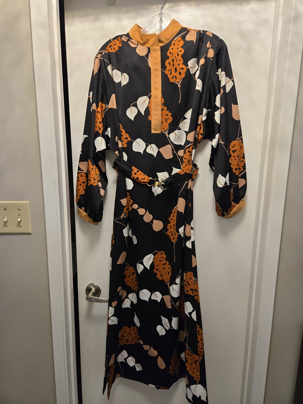 Vintage Christian Dior Black Maxi Dress with Orange and Cream Botanical Print